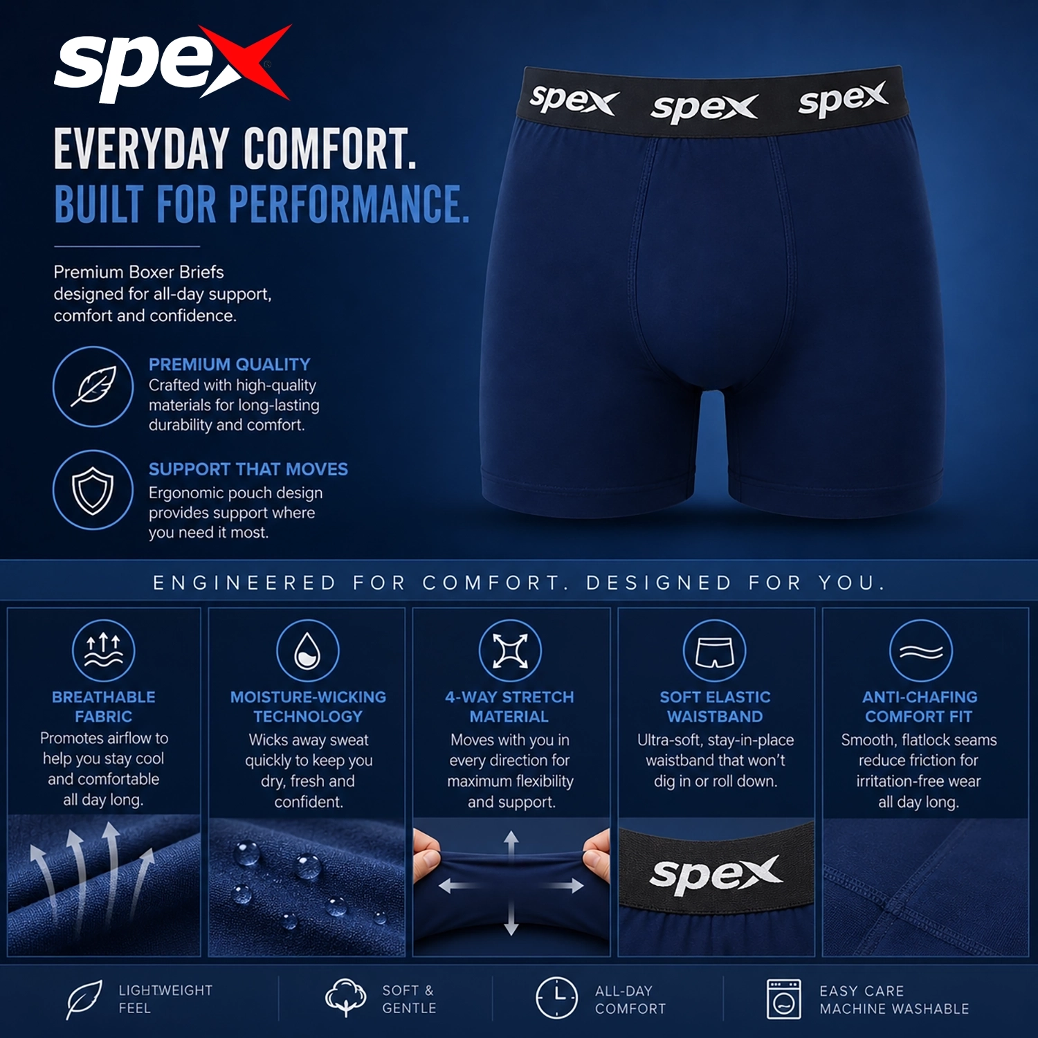 spex men's premium navy blue boxer briefs – soft breathable cotton blend underwear spex men's premium navy blue boxer briefs – soft breathable cotton blend underwear