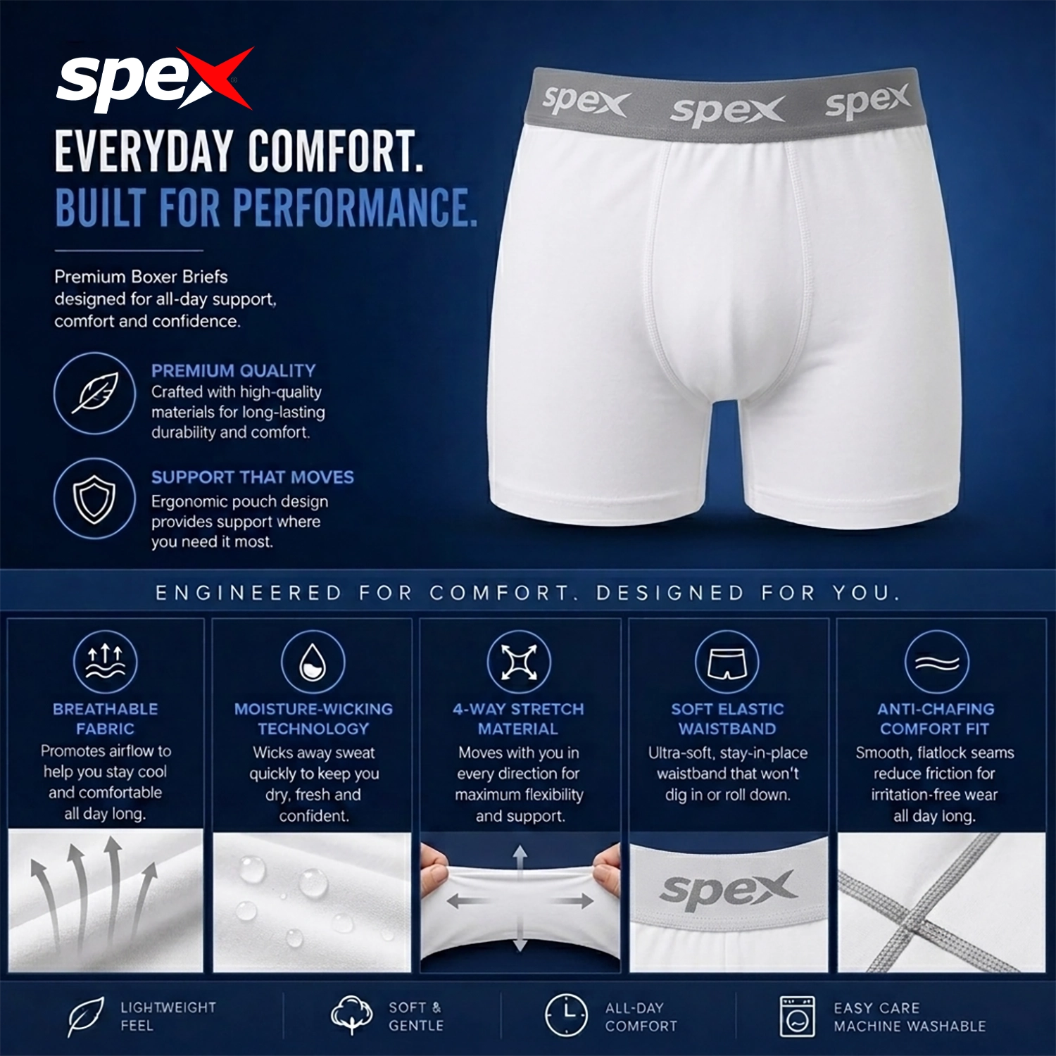 spex men's premium white boxer soft breathable cotton blend underwear (white) spex men's premium white boxer soft breathable cotton blend underwear (white)
